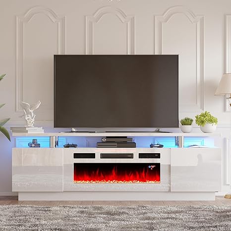 Amerlife Fireplace TV Stand with 36in Fireplace, 70in Modern High Gloss Entertainment Center LED Lights, 2 Tier Console Cabinet for TVs Up to 80in, White