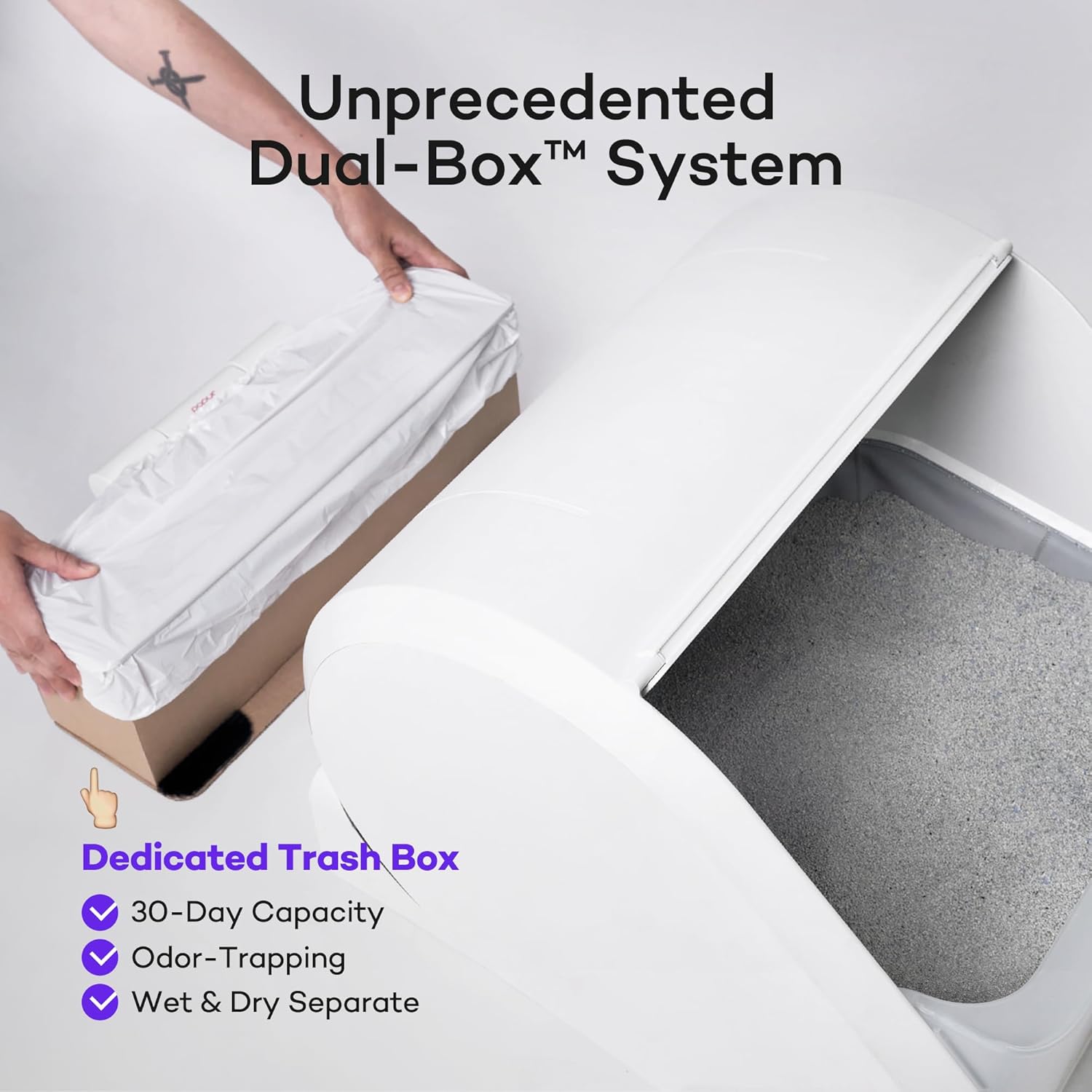 X5 Self-Cleaning Cat Litter Box - Unique Split System, Open Top, 30-Day Capacity - Automatic Litter Scooping Robot, Odor-Seal Disposable Cardboard Bin, 24 Inch Tray, 33 lbs. Load, 99% Leakproof