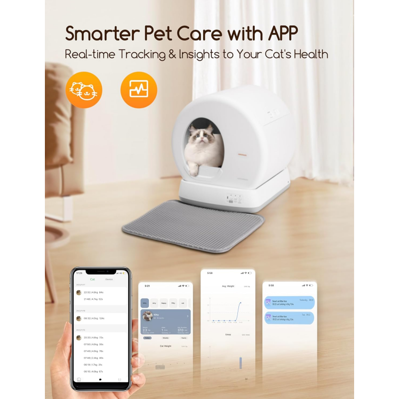 MeoWant Self-Cleaning Cat Litter Box, Integrated Safety Protection Automatic Cat Litter Box for Multi Cats, Extra Large/Odor Removal/APP Control Smart Cat Litter Box with Mat & Liner