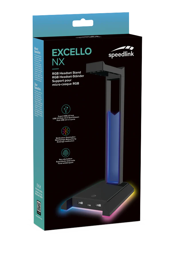 Speedlink - EXCELLO Illuminated Headset Stand. 3-Port USB 2.0 Hub. integrated Soundcard. black