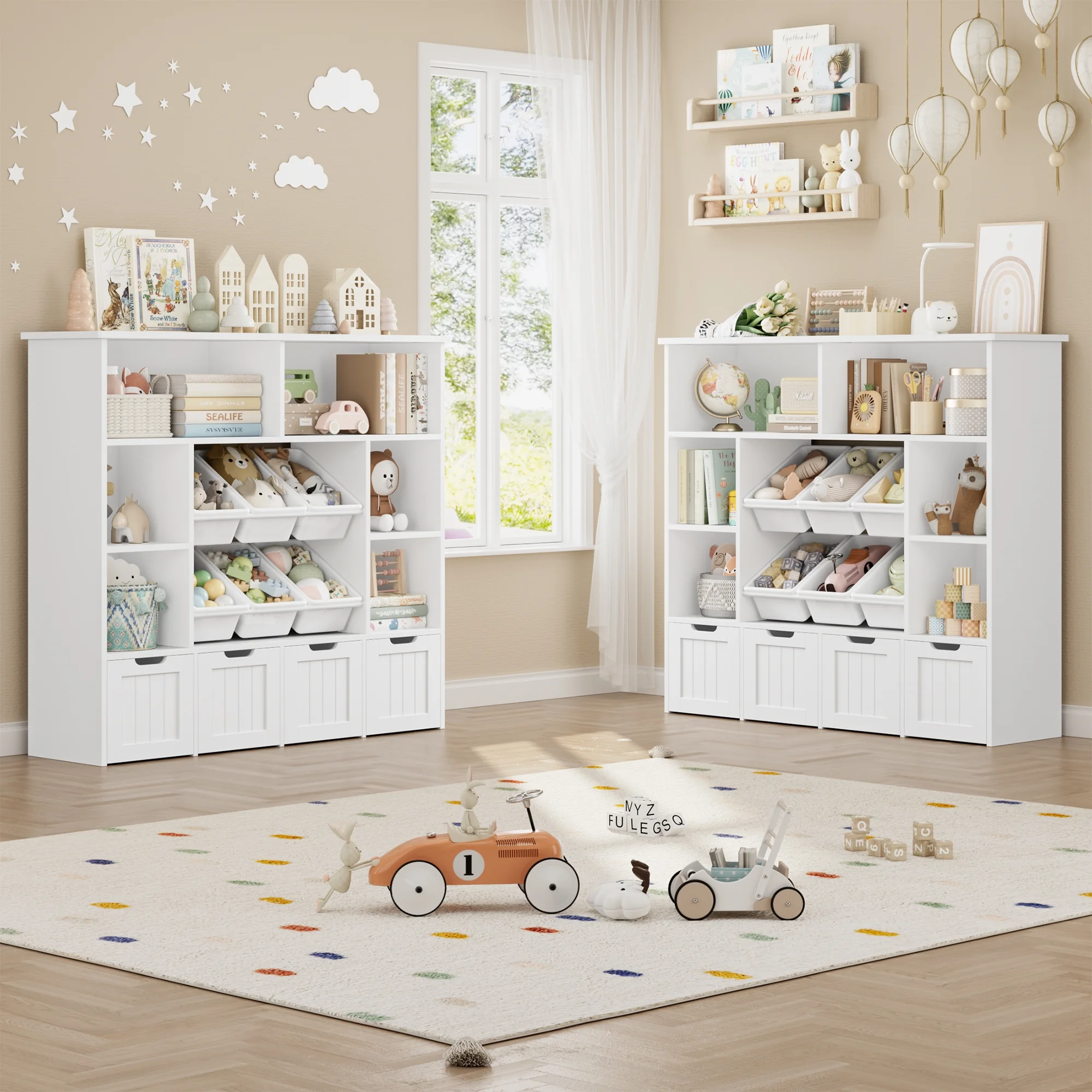 Hiphuta Large 4 Tier Kids Bookcase, Wood Toy Organizer of 6 Boxes & 4 Removable Drawers, Bookshelf for Kids Room, White