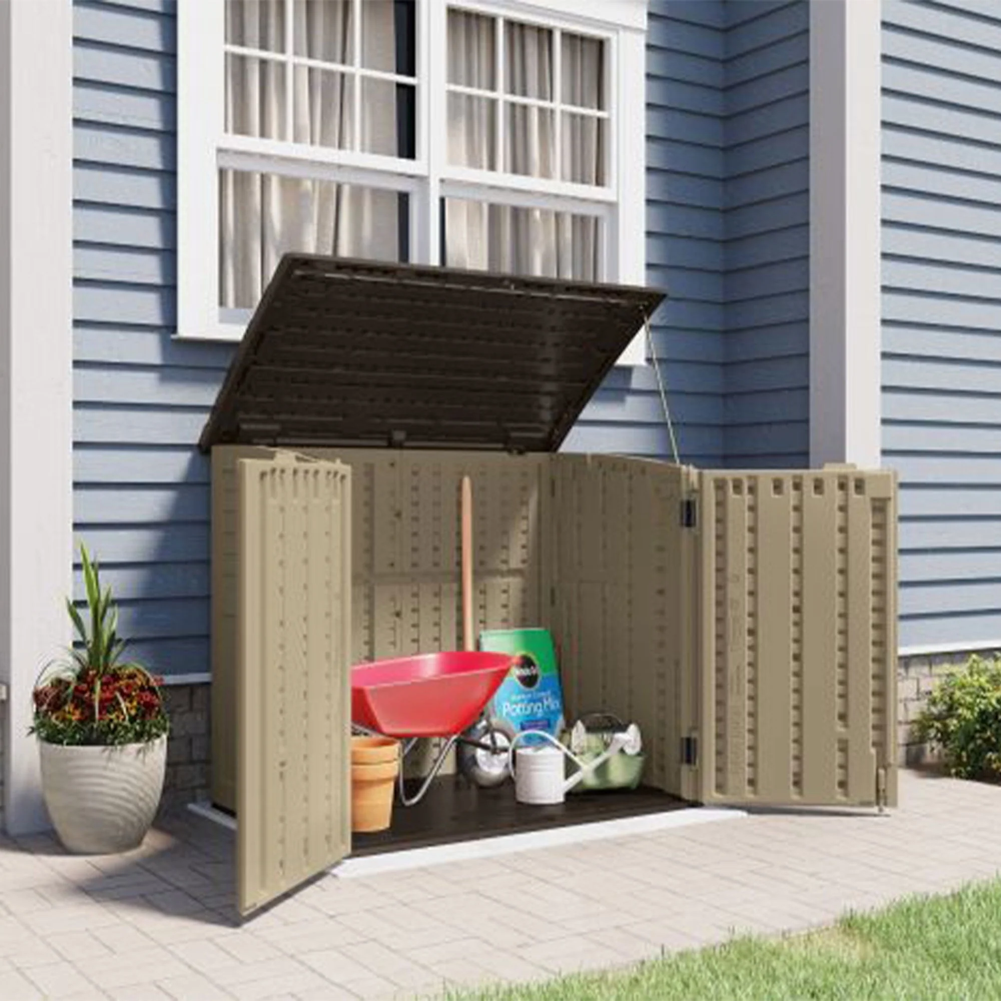 Suncast 34 Cubic ft Horizontal Compact Outdoor Storage Shed, Sand