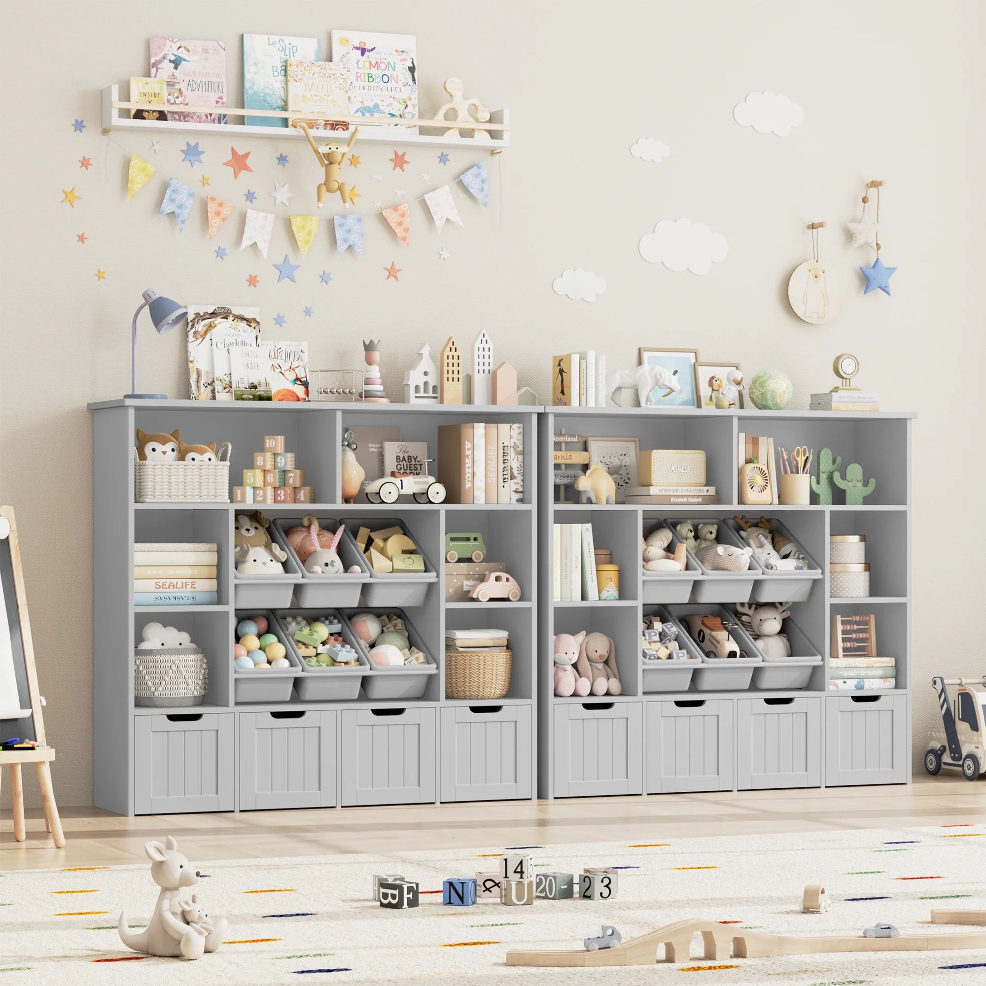 Hiphuta Large 4 Tier Kids Bookcase, Wood Toy Organizer of 6 Boxes & 4 Removable Drawers, Bookshelf for Kids Room, White