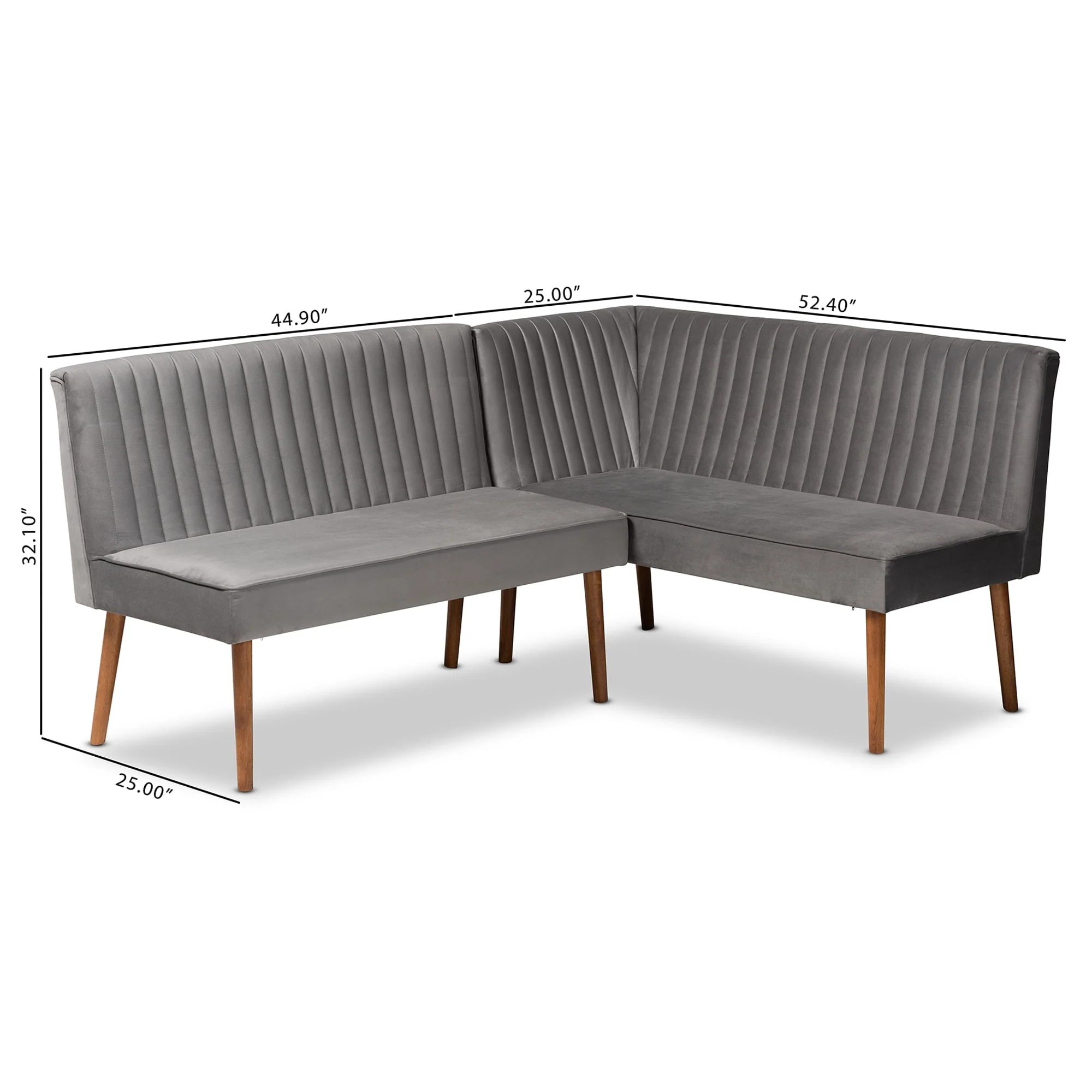 Baxton Studio Alvis Mid-Century Modern Grey Velvet Upholstered Back 2-Piece Dining Corner Bench