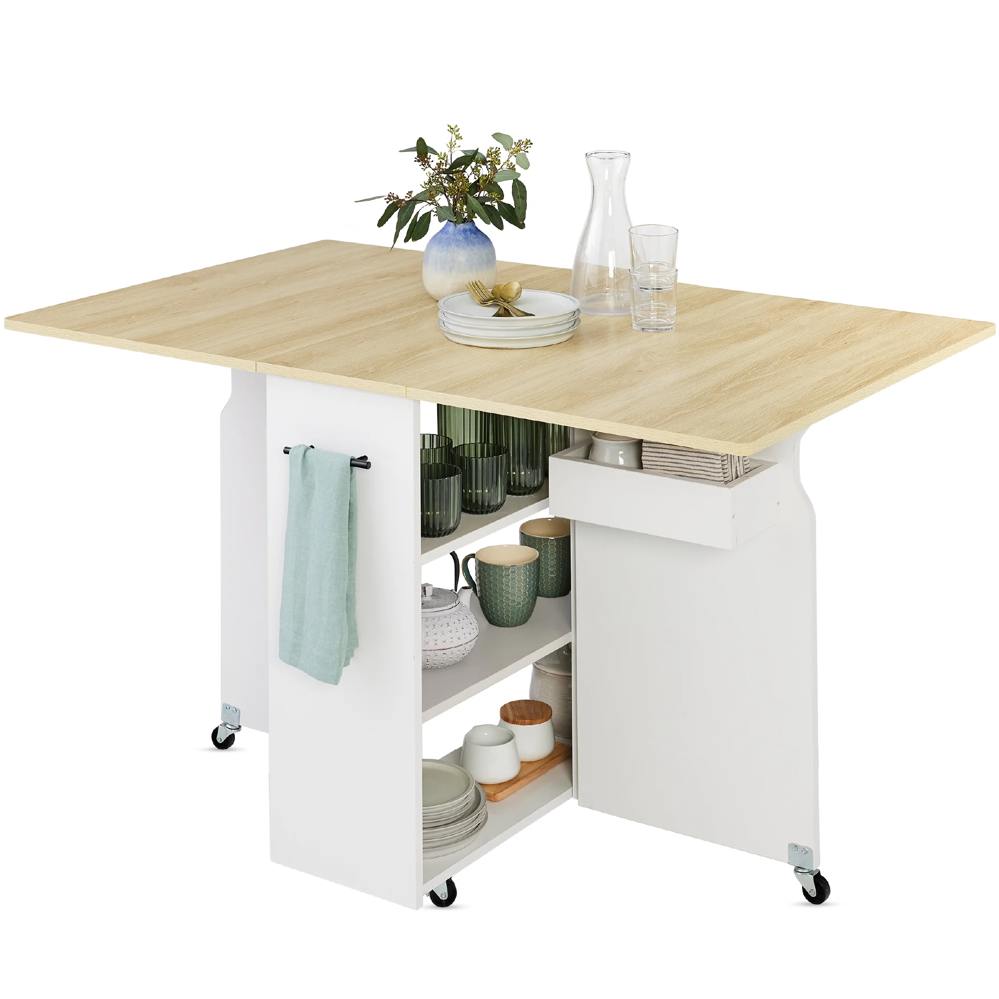 Best Choice Products Multipurpose Folding Table w/ Wheels, 3 Storage Shelves, Cubby, Handle - Brown