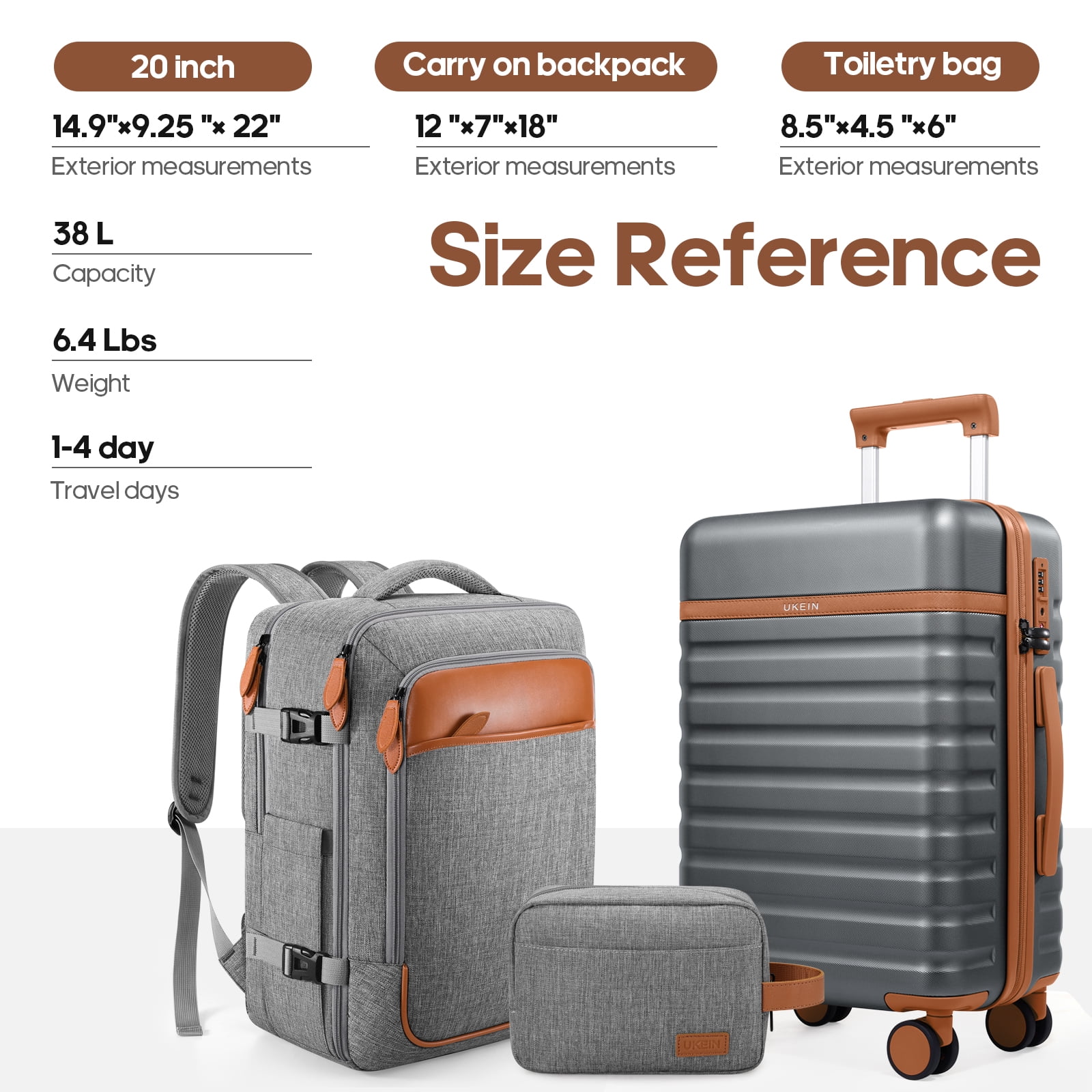 UKEIN Luggage Sets 3 Piece, Carry On Luggage with Wheels, 20 Inch Hardshell Suitcase with TSA Lock, 100% PC Carry On Suitcases Airline Approved With Travel Backpack for Men Women