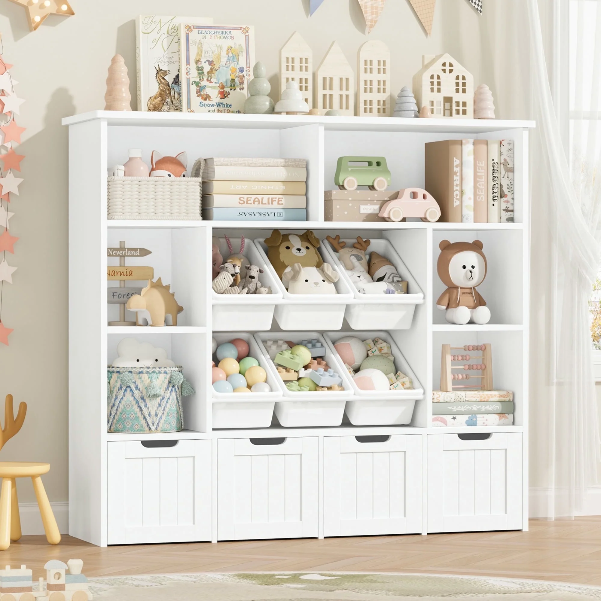 Hiphuta Large 4 Tier Kids Bookcase, Wood Toy Organizer of 6 Boxes & 4 Removable Drawers, Bookshelf for Kids Room, White