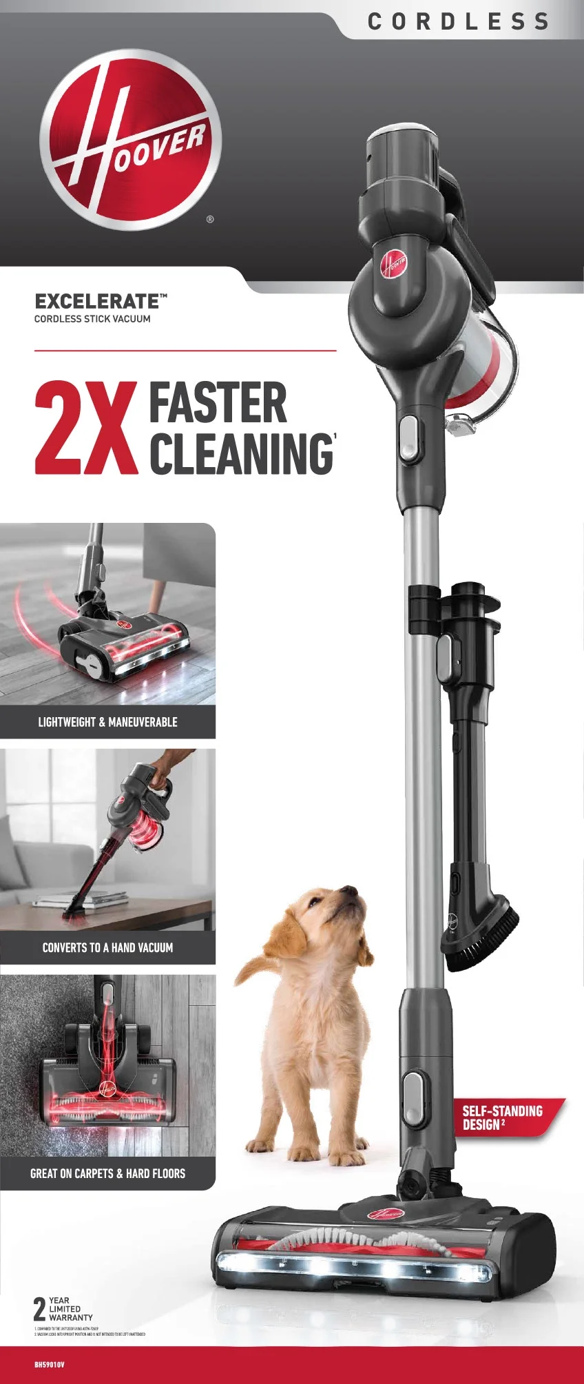 Hoover Excelerate, Cordless Stick Vacuum, for Carpet & Hard Floor, Lightweight, LED Headlights, up to 25 Min. Runtime for All-Home Daily Use, BH59010V
