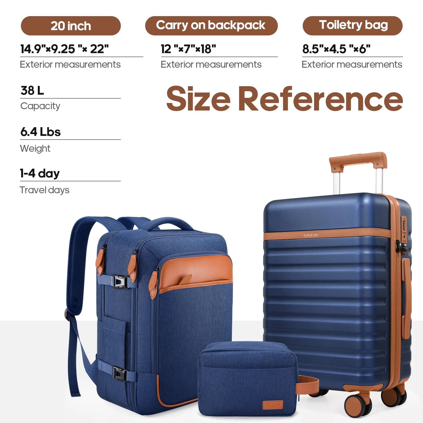 UKEIN Luggage Sets 3 Piece, Carry On Luggage with Wheels, 20 Inch Hardshell Suitcase with TSA Lock, 100% PC Carry On Suitcases Airline Approved With Travel Backpack for Men Women