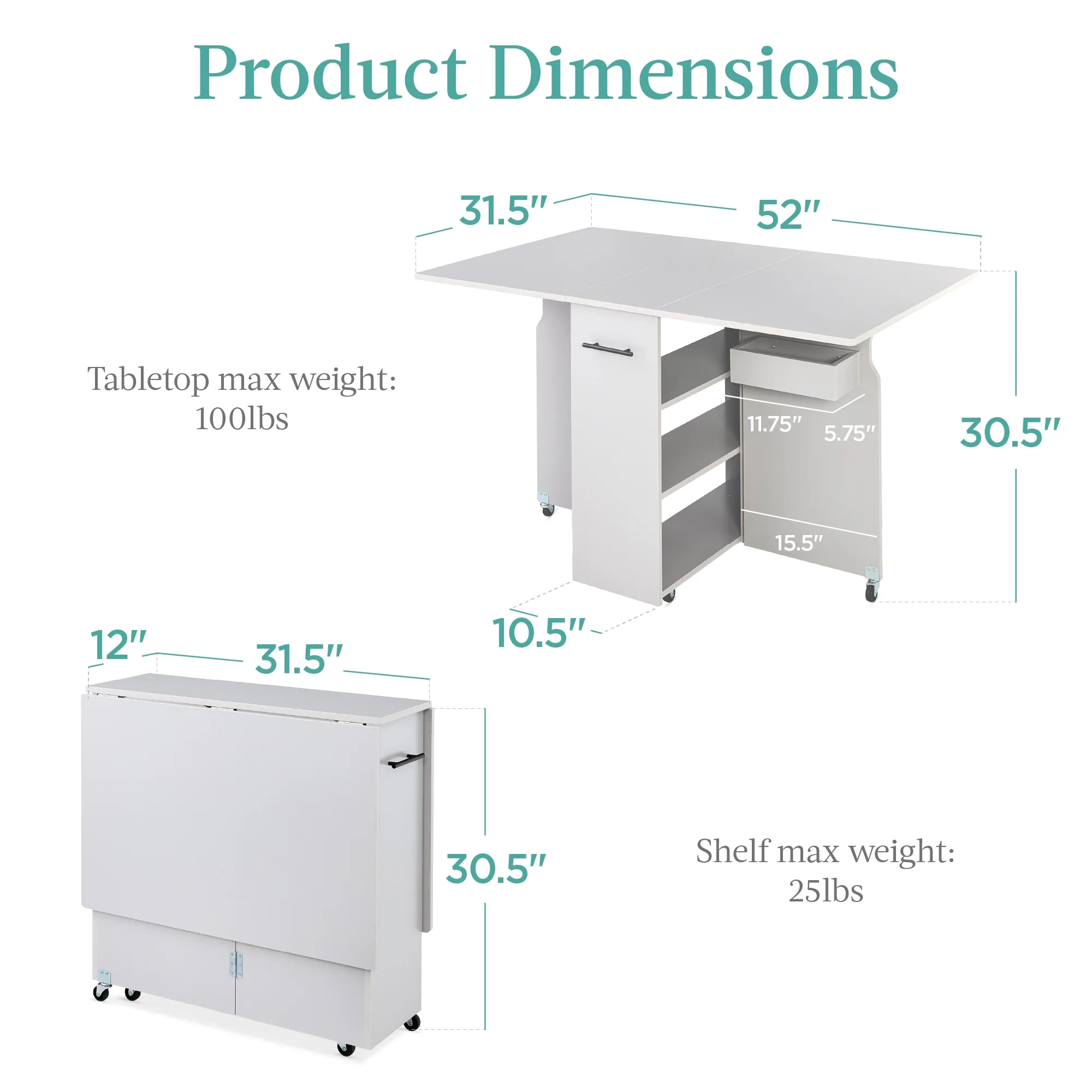 Best Choice Products Multipurpose Folding Table w/ Wheels, 3 Storage Shelves, Cubby, Handle - Brown