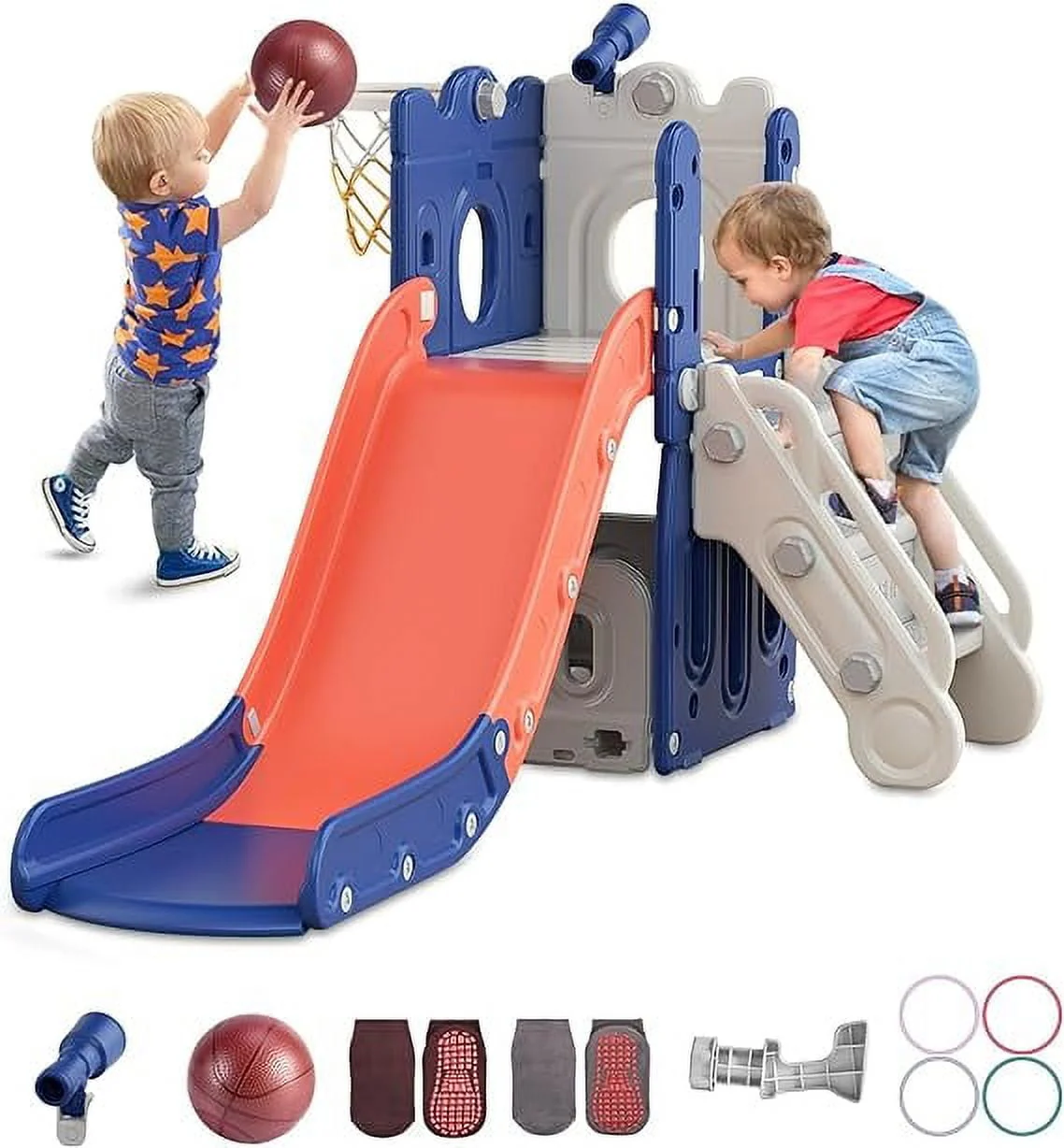 Suteck 7 in 1 Toddler Slide, L-Shaped Kids Slide for Toddlers Age 1+ with Basketball Hoop and Ball, Ring Toss, Storage Space