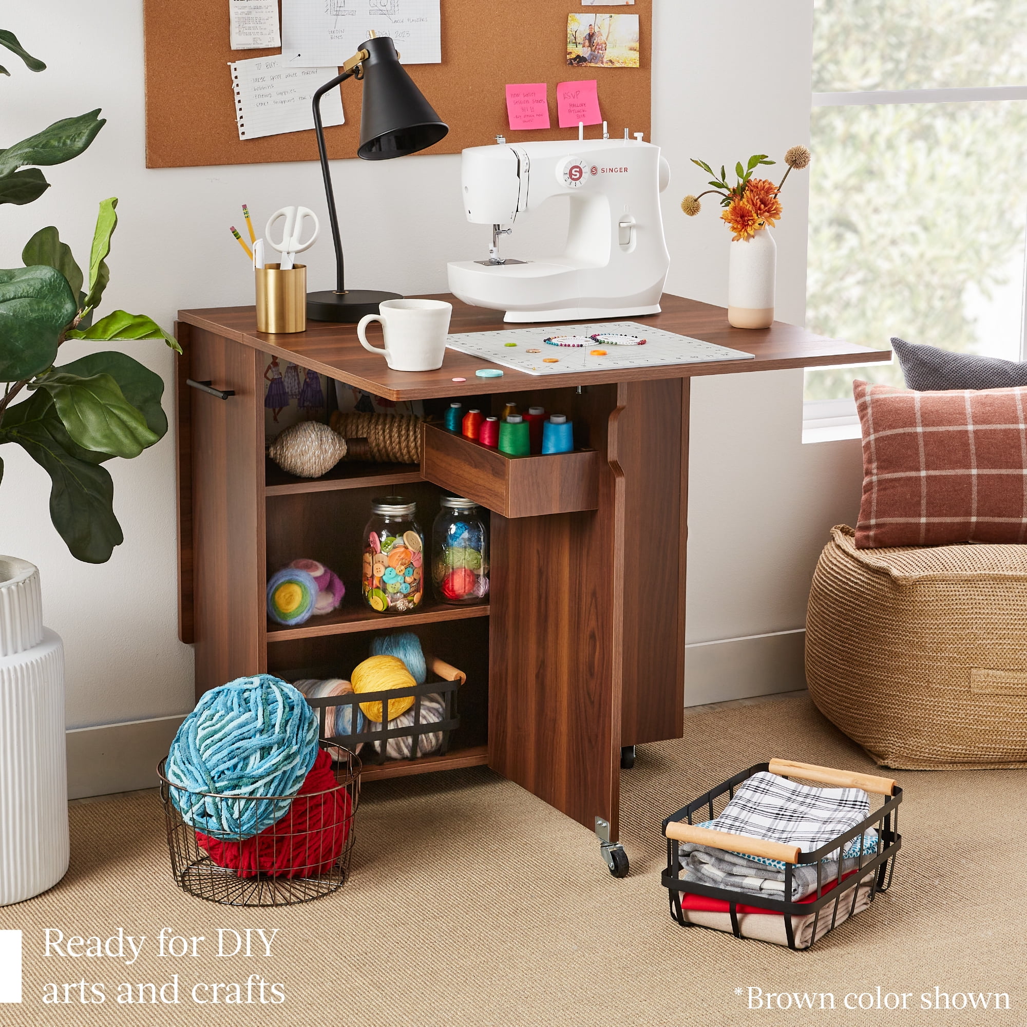 Best Choice Products Multipurpose Folding Table w/ Wheels, 3 Storage Shelves, Cubby, Handle - Brown