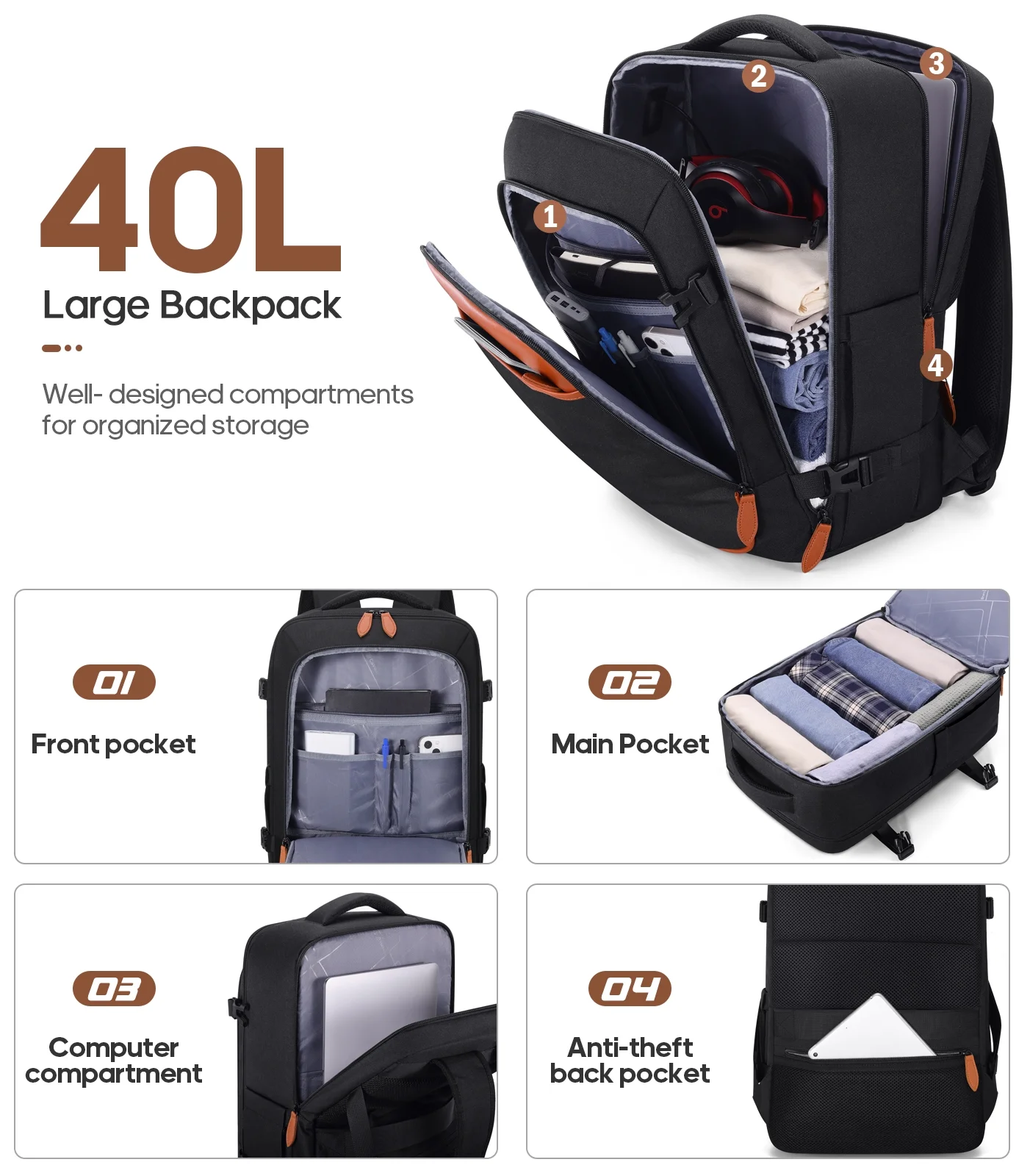 UKEIN Luggage Sets 3 Piece, Carry On Luggage with Wheels, 20 Inch Hardshell Suitcase with TSA Lock, 100% PC Carry On Suitcases Airline Approved With Travel Backpack for Men Women