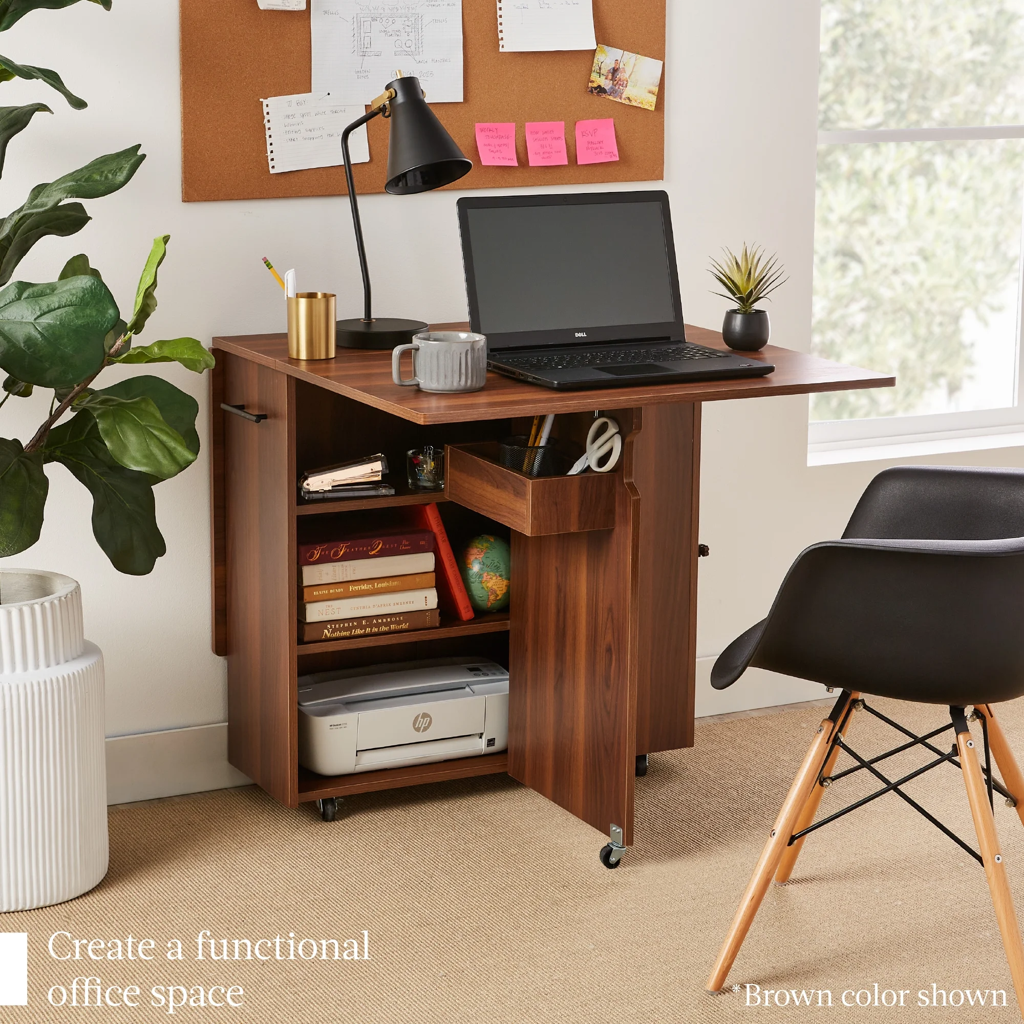 Best Choice Products Multipurpose Folding Table w/ Wheels, 3 Storage Shelves, Cubby, Handle - Brown