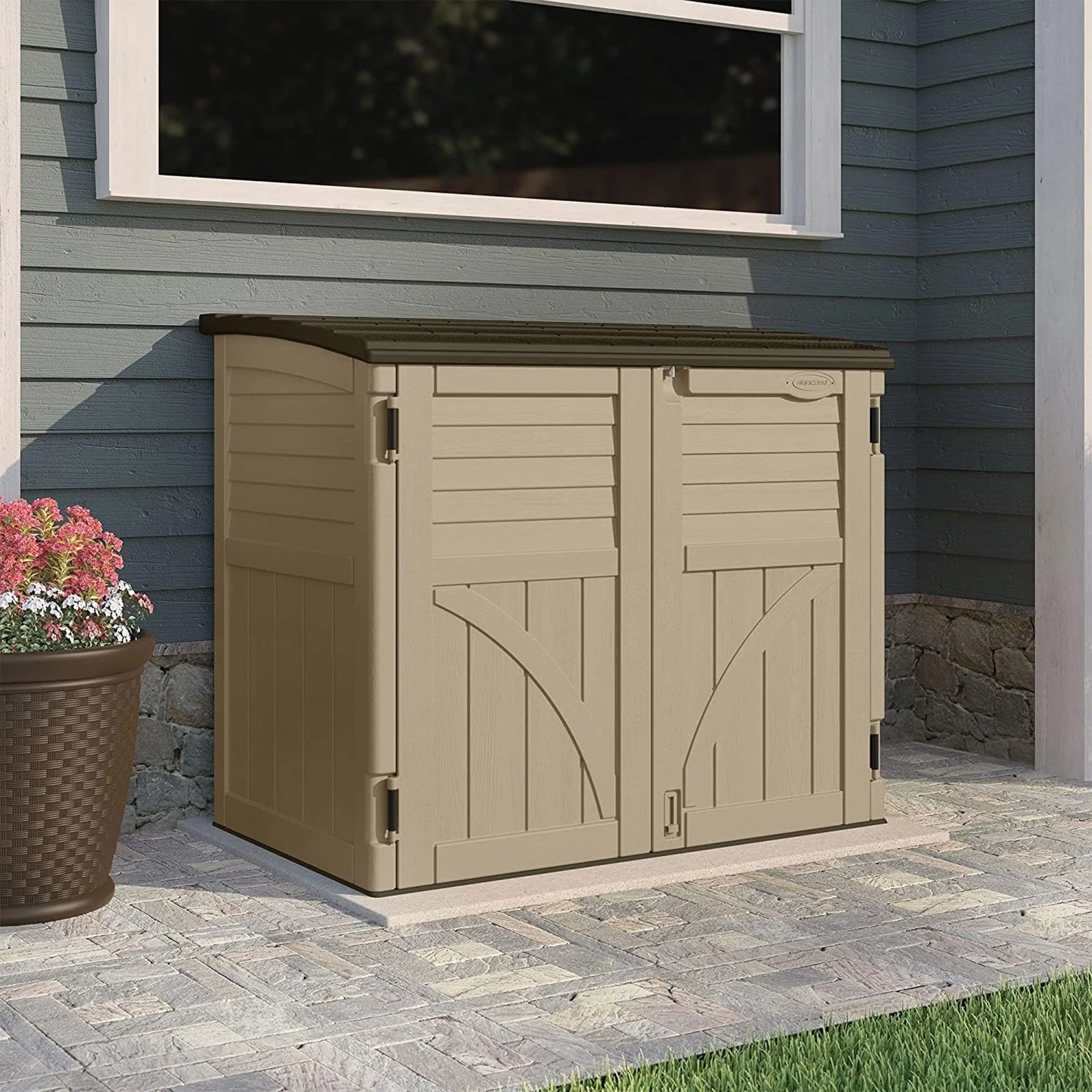 Suncast 34 Cubic ft Horizontal Compact Outdoor Storage Shed, Sand