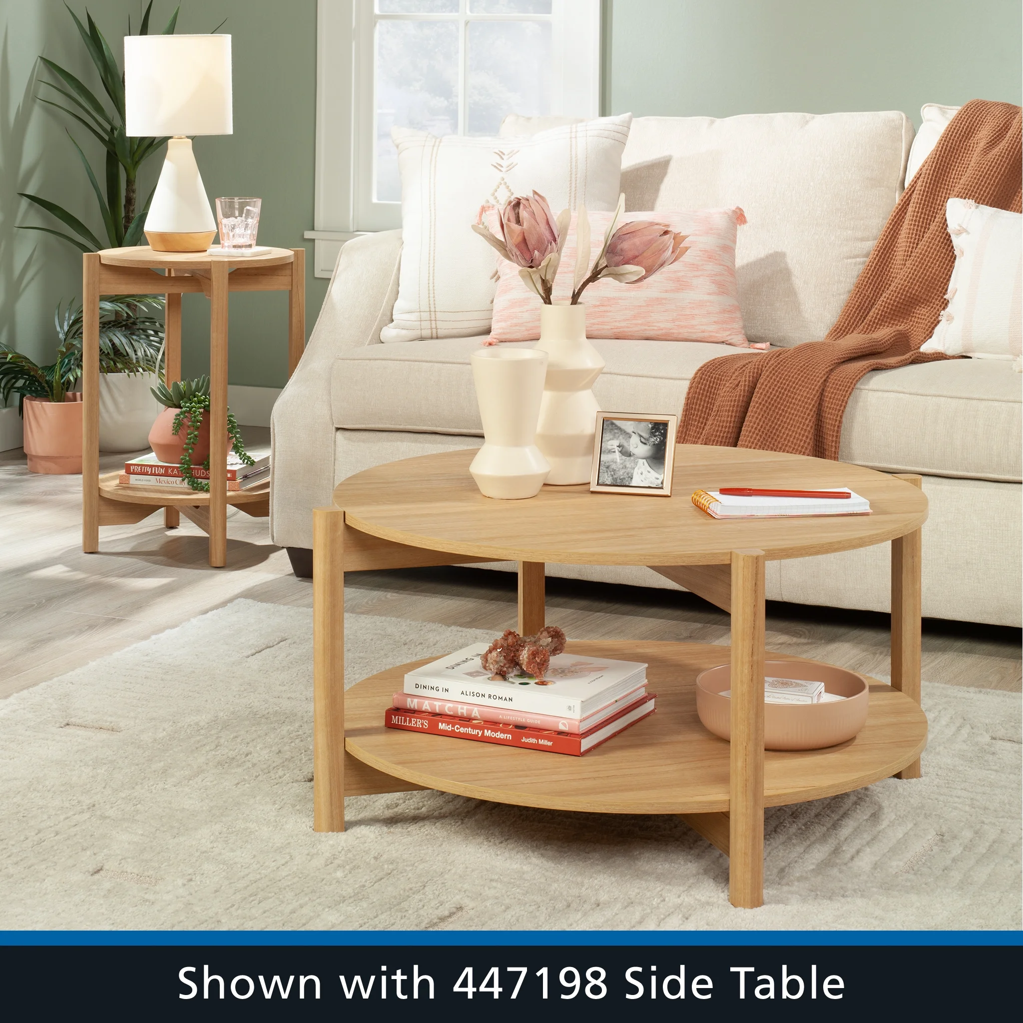 Mainstays Round Modern Dowel Coffee Table, Natural Teak Finish