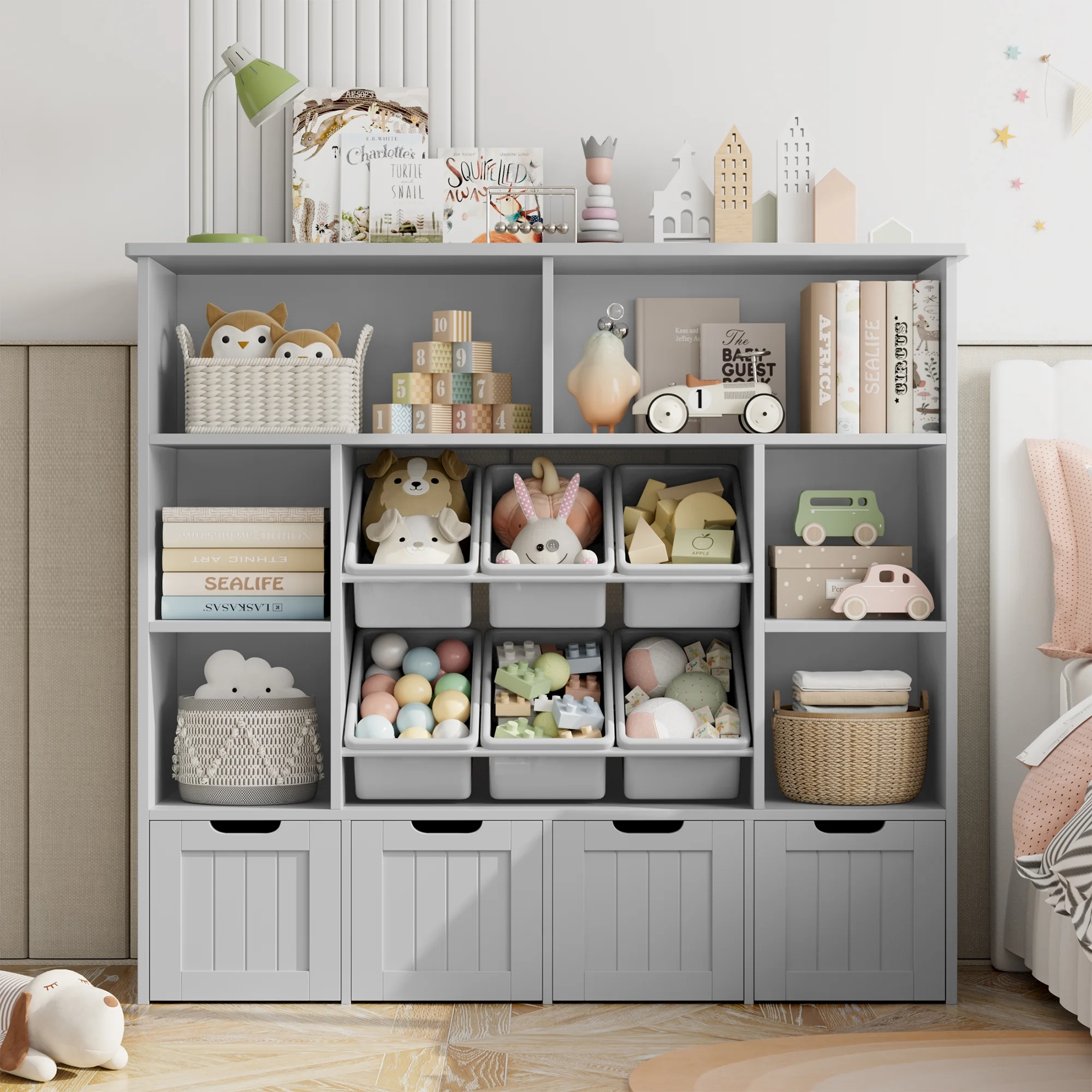 Hiphuta Large 4 Tier Kids Bookcase, Wood Toy Organizer of 6 Boxes & 4 Removable Drawers, Bookshelf for Kids Room, White