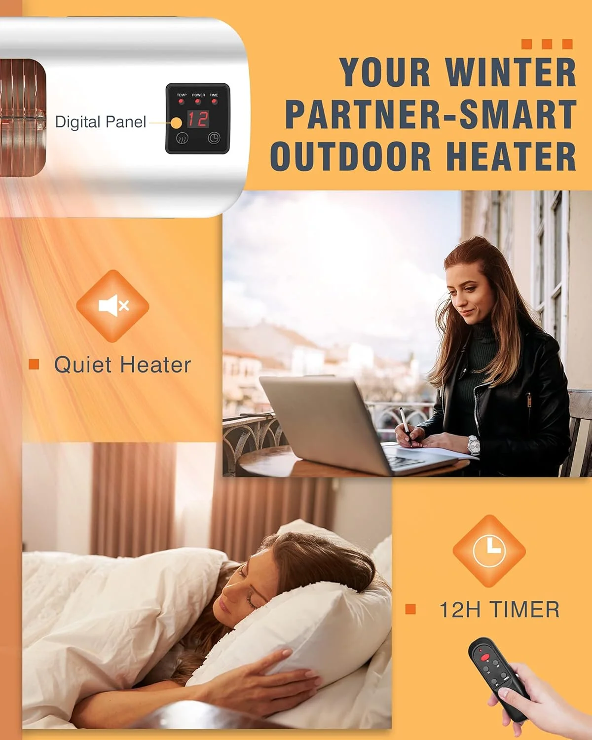 Nordic Hygge 1500W Electric Patio Heater with Remote Control and Timer, IP65, Wall Mounted, Silver