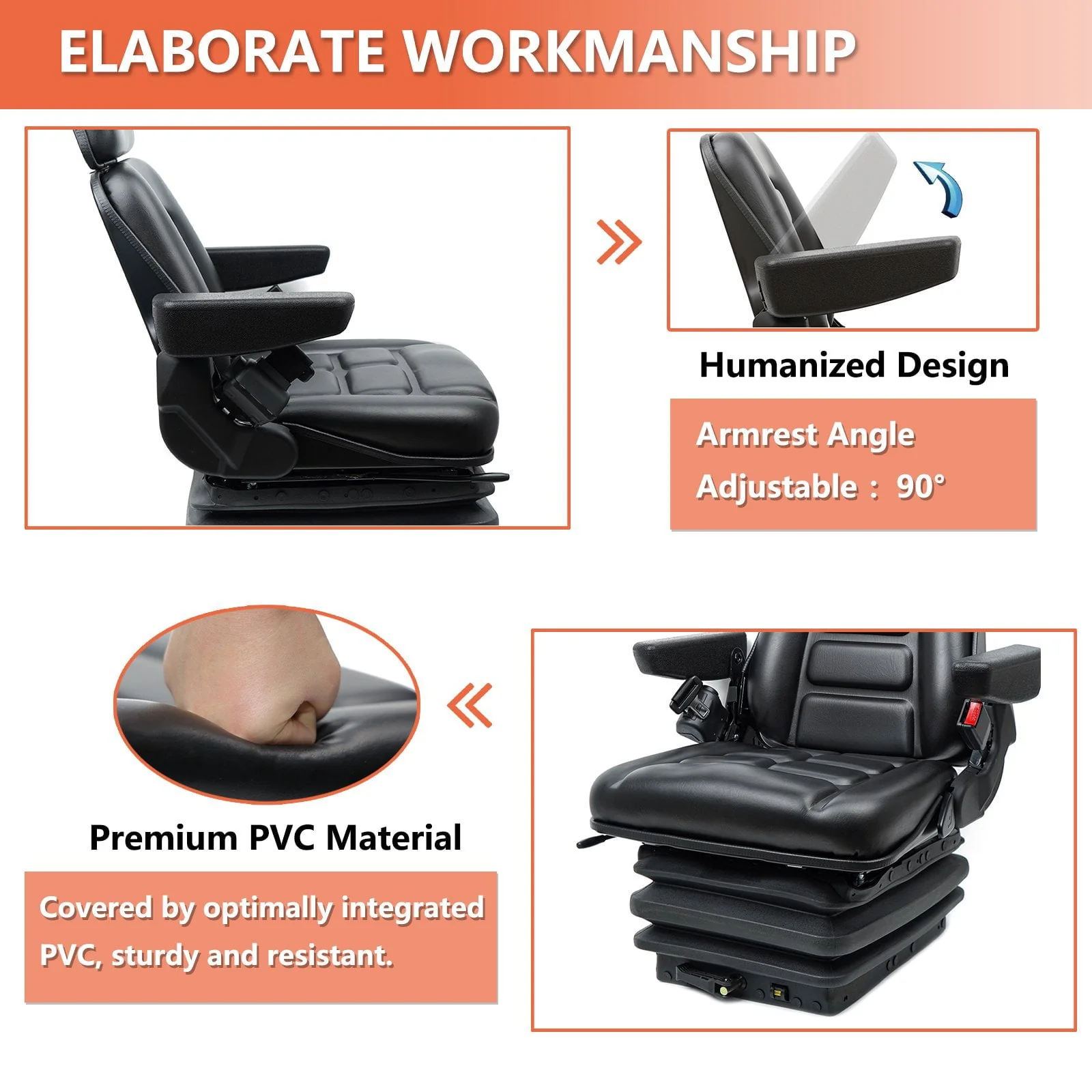 TICSEA Heavy Duty Tractor Foldable Seat with Suspension, Retractable Seat Belt for Linde Forklift Tractor, Excavator Skid Loader Backhoe Dozer Telehandler