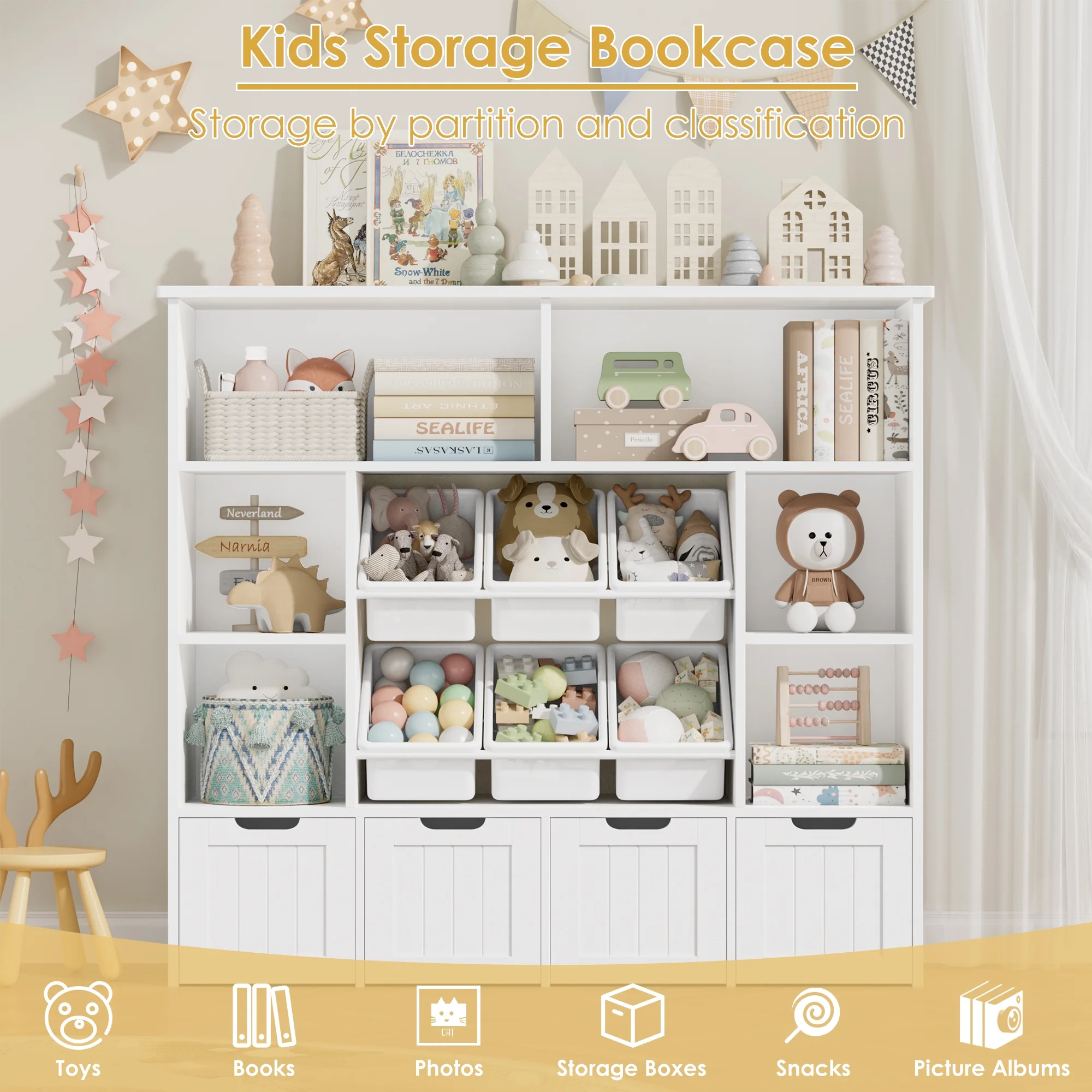 Hiphuta Large 4 Tier Kids Bookcase, Wood Toy Organizer of 6 Boxes & 4 Removable Drawers, Bookshelf for Kids Room, White