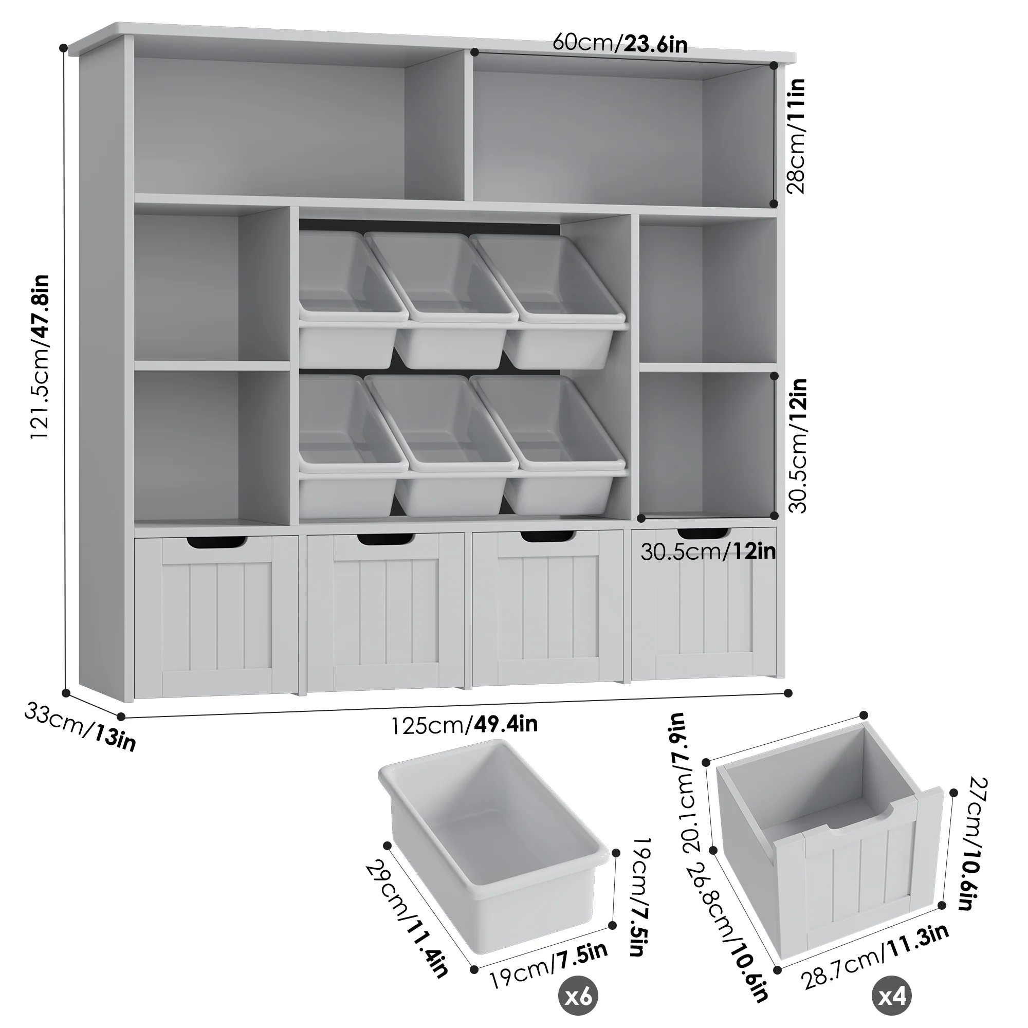 Hiphuta Large 4 Tier Kids Bookcase, Wood Toy Organizer of 6 Boxes & 4 Removable Drawers, Bookshelf for Kids Room, White