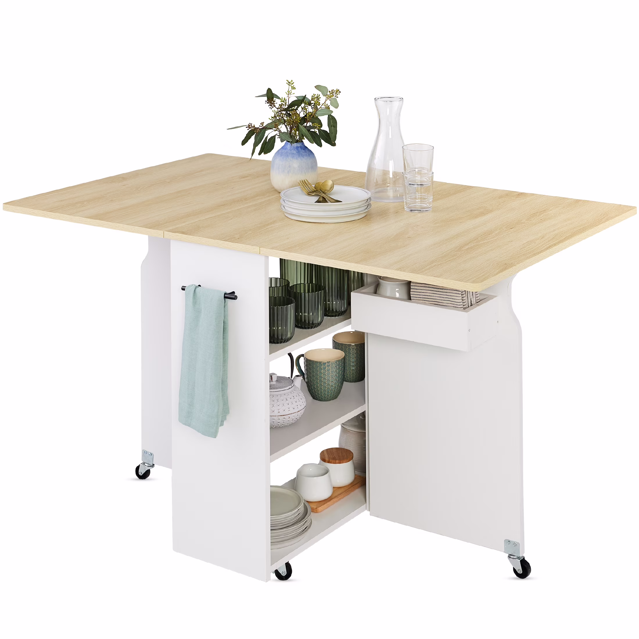 Best Choice Products Multipurpose Folding Table w/ Wheels, 3 Storage Shelves, Cubby, Handle - Brown