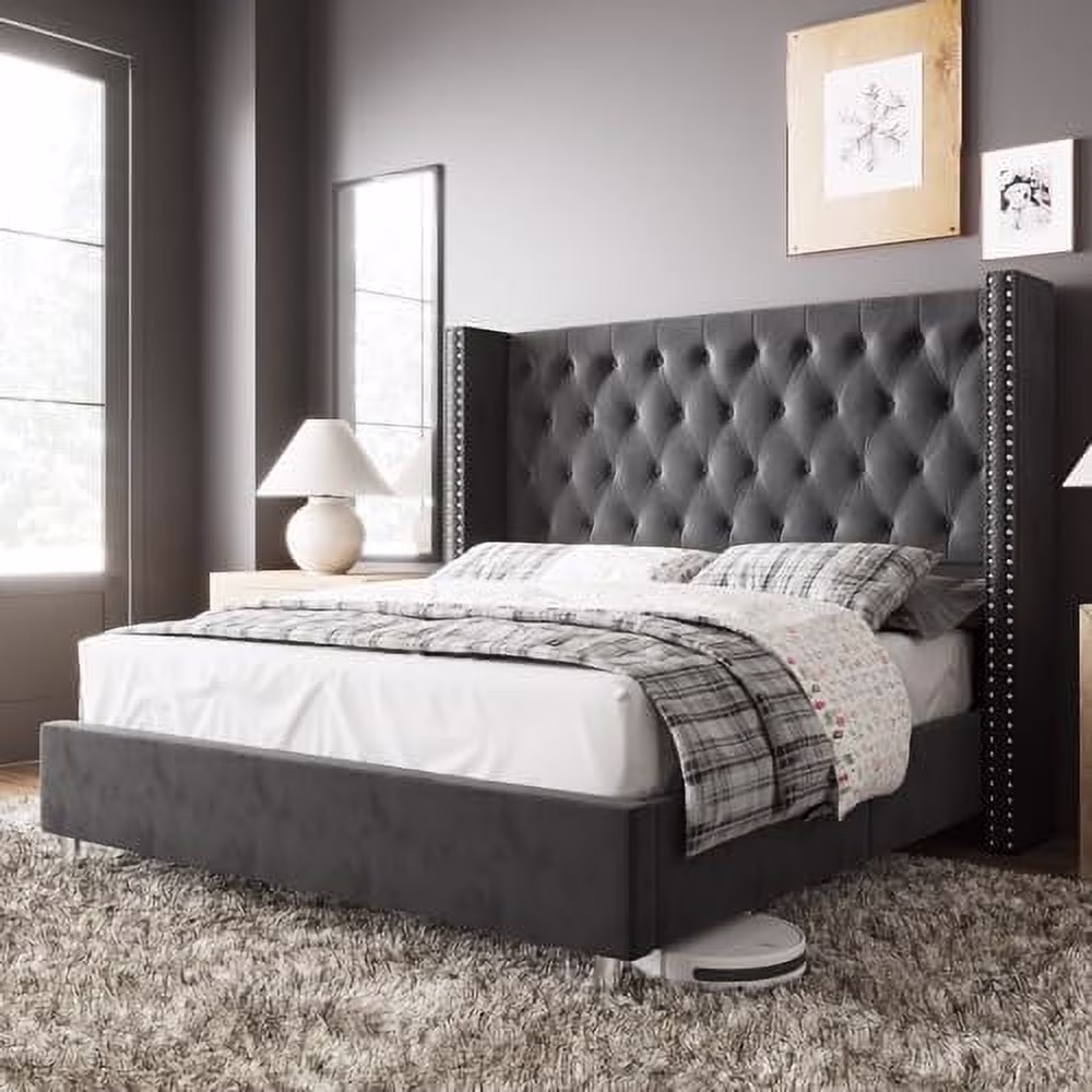 VanAcc Queen Bed Frame Upholstered Bed Wingback Headboard Velvet Tufted Diamond Button/No Box Spring Needed/Easy Assembly/Gray